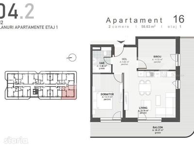 Apartament 2 camere, 58,63 mp+ terasa de 28 de mp in Floresti