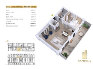 Apartament 2 camere, orientare V, terasa 17 mp, Capitolis Residence