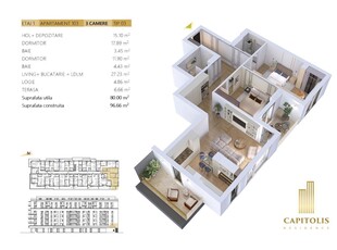 Apartament cu 3 camere, orientare Sud-Vestica, Capitolis Residence