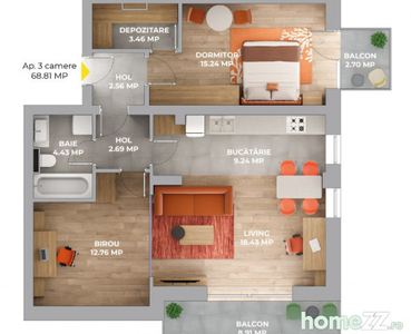 Apartament de 3 camere in bloc nou