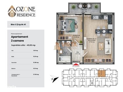 Ozone Residence, Apartament tip studio, 49 mp utili, Tractorul