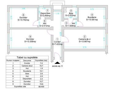 Apartament 3 camere, 68mp utili, parter