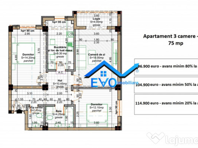 Apartament 3 camere, 2 bai, 75 mp, bloc nou Valea Lupului R