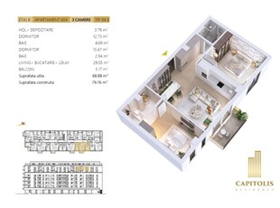 Apartament cu 3 camere, orientare V, etaj 6, Capitolis Residence