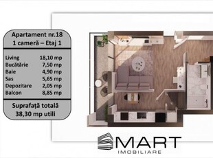 Studio 38,5mp utili + 8,85mp balcon, zona Tractorul