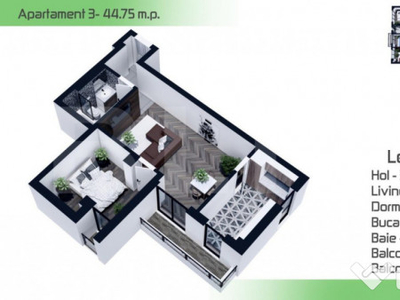 Apartament 2 camere, 44.60 mp, Manta Rosie- Hlincea