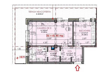 Apartament de 1 camera, semifinisat, 37 mp., decomandat, terasa, zona Terra