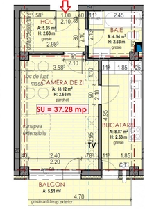 Apartament de 1 camera, semifinisat, 37 mp., decomandat, zona Terra