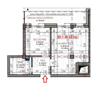 Apartament de 1 camera, semifinisat, 38 mp., decomandat, terasa, zona Terra