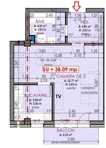 Apartament de 1 camera, semifinisat, 38 mp., decomandat, zona Terra