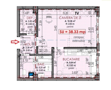 Apartament de 1 camera, semifinisat, 38 mp., decomandat, zona Terra