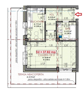 Apartament de 1 camera, semifinisat, 38 mp., terasa 22 mp decomandat, zona Terra