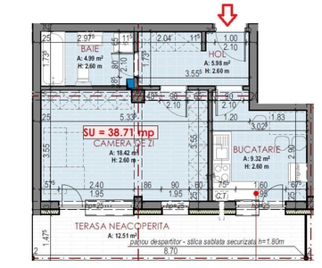 Apartament de 1 camera, semifinisat, 39 mp., decomandat, terasa, zona Terra