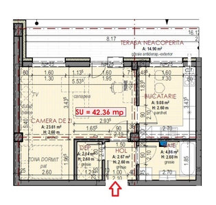 Apartament de 1 camera, semifinisat, 42 mp., decomandat, terasa, zona Terra