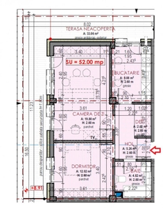 Apartament de 2 camere, semifinisat, decomandat, 52 mp., zona Terra