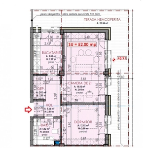 Apartament de 2 camere, finisat, decomandat, 52 mp., terasa 33 mp, zona Terra