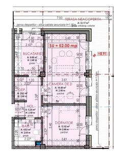 Apartament de 2 camere, semifinisat, decomandat, 52 mp., zona Terra