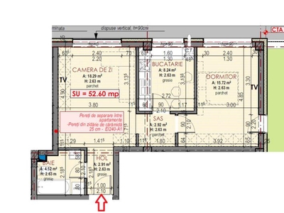 Apartament de 2 camere, semifinisat, decomandat, 52.60 mp., zona Terra