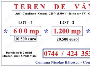 2 Terenuri Intravilane de Vanzare - 2 x 600 mp - Comuna Nicolae Balcescu - Constanta