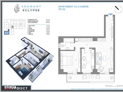 ADAMANT ECLYPSE, 2 camere decomandat, TIP 2G, 69.9mp