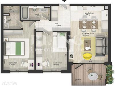 Apartament de 3 camere, 69 mp, Balcon 8 mp, Zona Centrala
