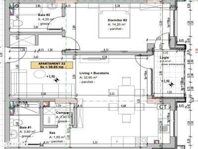 Apartament de 2 camere, semifinisat, 58,85 mp, semidecomandat, zona Vi