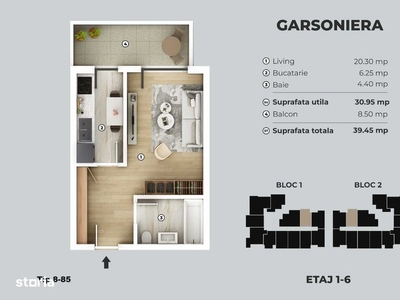 Apartament 2 camere 56 mp utili,finisat, mobilat, parcare, zona Terra