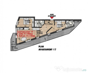 Vanzare apartament de 3 camere, 68 mp, TERASA de 34.mp