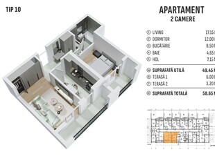 Apartament, 58,65 m²,