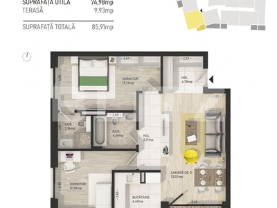 Apartament 3 camere, 75 mp, terasa, zona Centrala