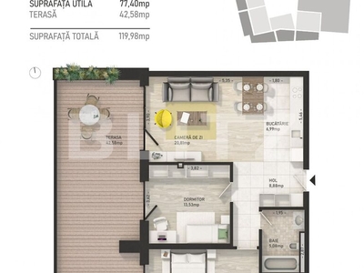 Apartament 3 camere, 77 mp, terasa generoasa, zona Centrala