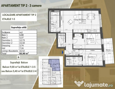 Apartament cu 3 camere, 84mp, etaj intermediar, Semicentral