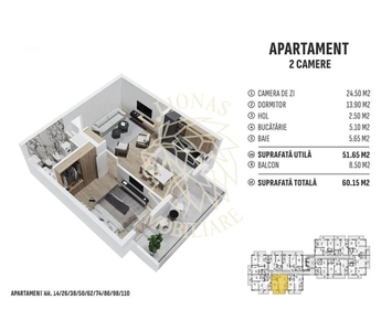 Apartament Nou 2 camere-balcon 8,5 mp-etaj 1-Zona Centura