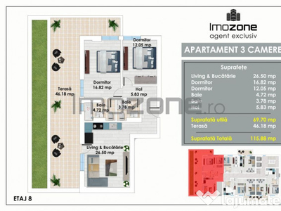 Apartament Superb cu 3 Camere si Terasa, 2 Bai, 2 Dormito...