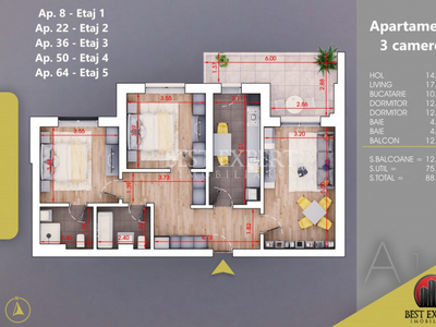 Apartament 3 camere decomandate Dormitor Matrimonial Parcare