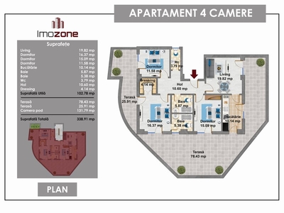 Apartament 4 camere Patru camere, terasa de 105 mp