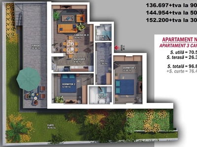 Apartament -3 camere, 2 bai, terasa si curte - 76.45 mp, COMISION 0%