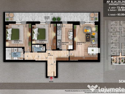 Apartament 3 camere, decomandat, TERASA 19,6 mp, COMISION 0%