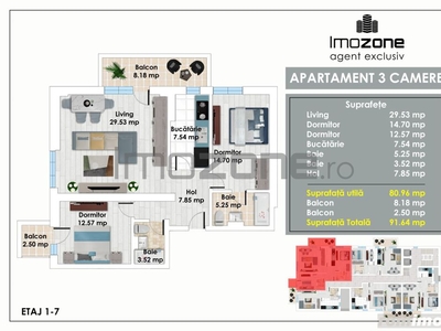 Apartament cu 3 Camere, Bucatarie Inchisa, 2 Bai, Doua Balcoane, langa Metrou