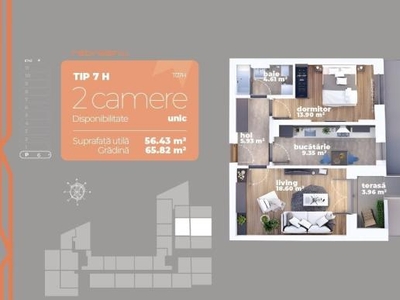 Apartament 2 camere/ curte 65mp