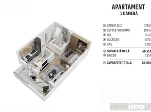 Apartament 1 camera, 46 mp, finisat, cartier nou rezidential!