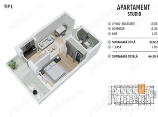 Apartament 2 camere tip studio, 56.100 euro tva inclus, etaj 1, zona Biruintei Popesti