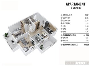 Apartament de 3 camere finisat, 62mp utili, cartier rezidențial nou!