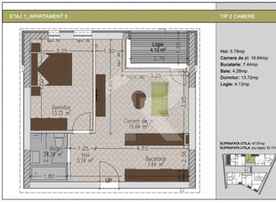 2 camere cu tereasa de 38mp in bloc nou