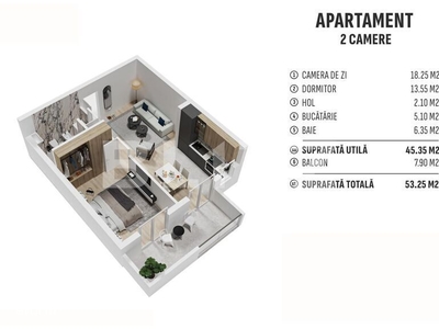 Apartament de 2 camere finisat, 45 mp, cartier rezidential nou!