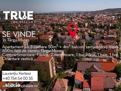 Ap. cu 3 camere, 50m² utili + 4m² balcon, semicentral, Târgu Mureș!