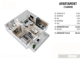 Apartament de 2 camere finisat, 51 mp, cartier rezidential nou!