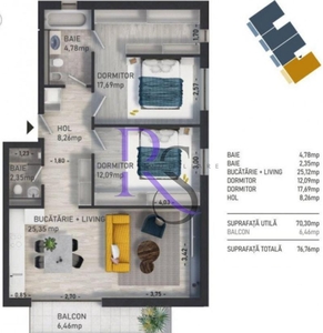 Apartament semifinisat 3 camere, 70 mp, zona Baciu
