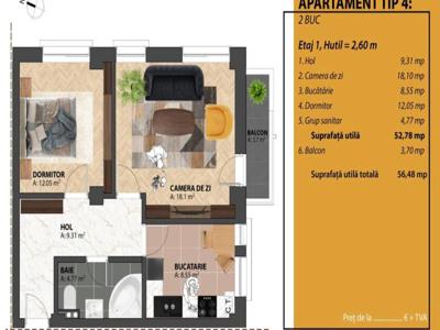 Apartament nou, 2 camere decomandat, 57 mp, Bucium, de vanzare, Lidle Bucium, Cod 150121