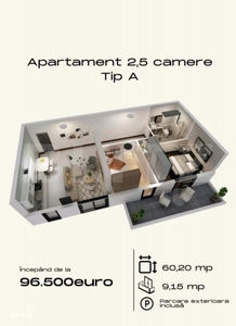 Apartament de 2.5camere, 60 mp utili, cu parcare, in Torontalului